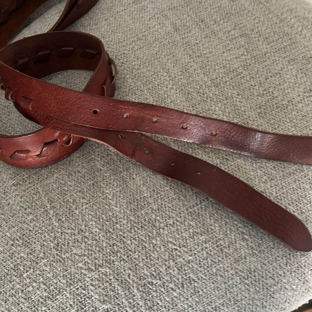 Western brown leather belt braid center double Silvertone round buckle 43” - Picture 3 of 11